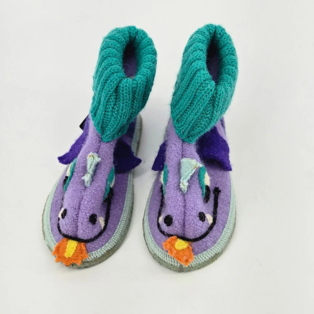 Garnet Hill Haflinger Boiled Wool Dragon Slipper Boots 11 Toddler Kids Pom EUC